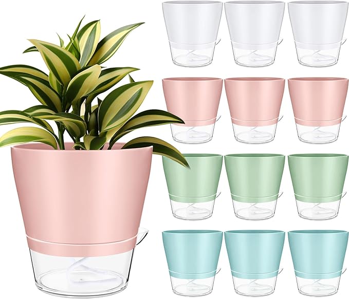 12 Pack Self Watering Planters for Indoor Plants 6 Inch Colorful Flower Pots with Drainage Holes and Reservoir Plastic Plant Pots for African Violets Succulents Herbs Flowers for Home Office