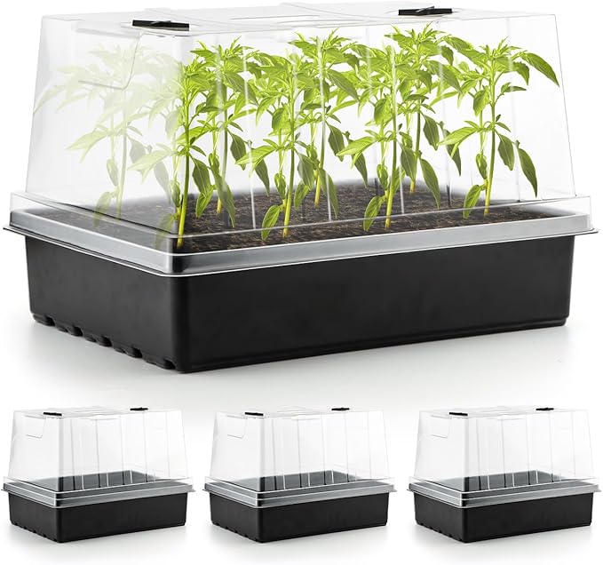 RooTrimmer 4-Pack Seed Starter Trays with 5'' Tall Humidity Domes – Reusable Plant Germination Kit for Microgreens, Herbs & Indoor Gardening | Clear Vented Lids, Fast Seedling Growth & Durable Design