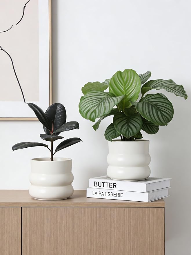 6 Inch Plant Pot,Ceramic Planter Pot with Drainage Hole,Indoor Planters for Herbs Plants,Ceramic Flower Pots for Indoor/Outdoor Plants,Home Office Garden Décor,Cream White