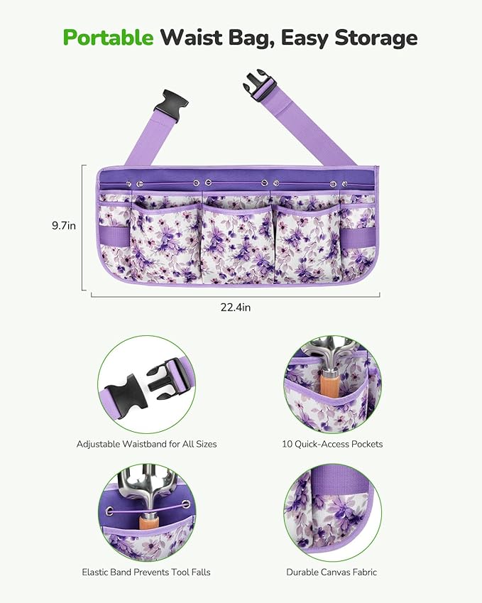 Grenebo All-in-One Garden Tool Set with Tools Organizer Belt Adjustable, 10-Piece Gardening Hand Tools, Long Lasting Rust-Proof Premium Garden Tool Kit, Gardening Gift for Women Men (Purple)
