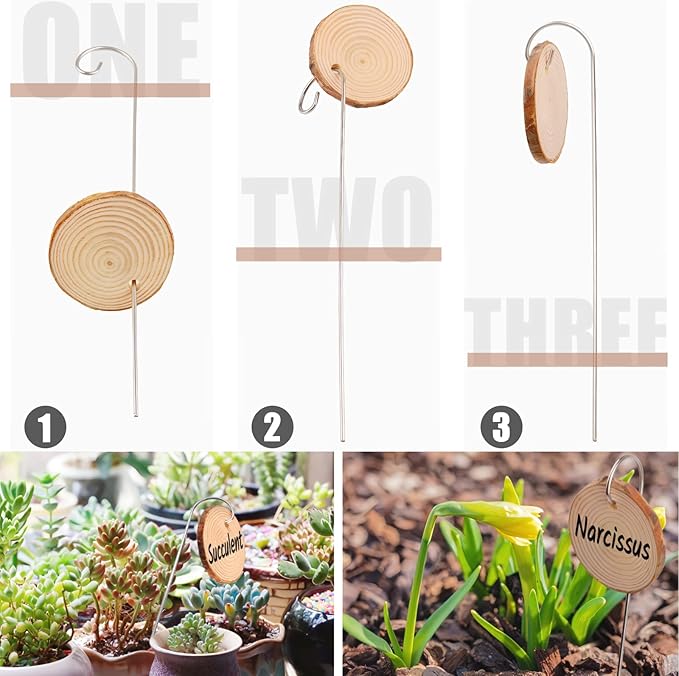 20Pcs Wooden Plant Labels with Marker Pen - Natural Wood Garden Markers, Plant Sign Tags for Flowers, Herbs, Potted Plants - Includes Stainless Steel Stakes & Waterproof Pen