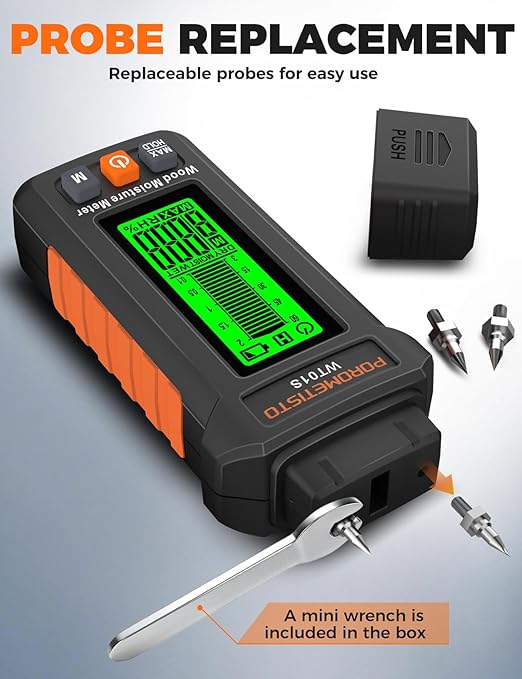 5 in 1 Moisture Meter, POROMETISTO 5 Modes Wood Moisture Meter with Three-Color Backlight, Data Hold & Max Measurement, Ideal for Wood (Oak/Pine/Walnut) and Building Materials