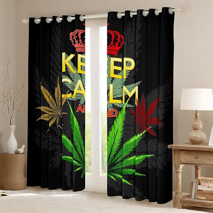 Feelyou Cannabis Leaves Room Darkening Curtain Marijuana Leaf Blackout Curtain for Bedroom for Boys Girls Adults Marijuana Weed Green Leaf Thermal Curtain Hemp Blackout Drapes，38 X 45 Inch，2 Panels