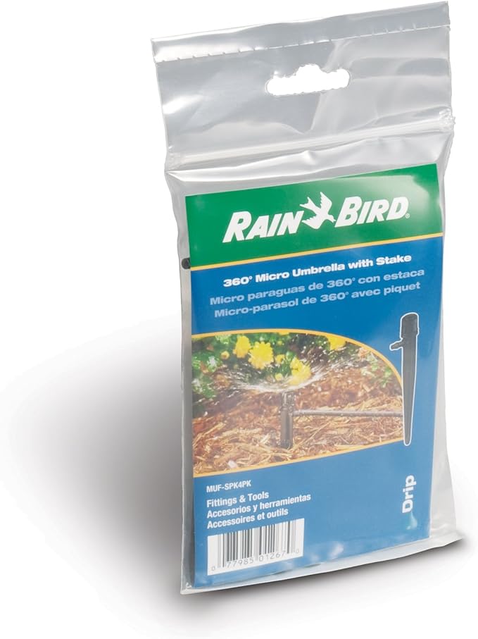Rain Bird MUF-SPK4S Drip Irrigation Micro-Umbrella Bubbler on Stake, 360° Full Circle Pattern, 0-3' Spray Distance, 4-Pack