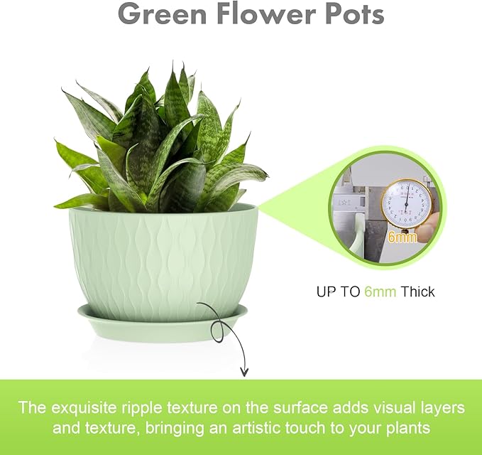 Meowell Large Flower Pots 12/10/9 inch, 3 Set Wide Plant Pots for Outdoor Indoor Plants with Water Ripples, Big Plastic Planters with Drainage Holes and Saucers for Garden House Plants, Green