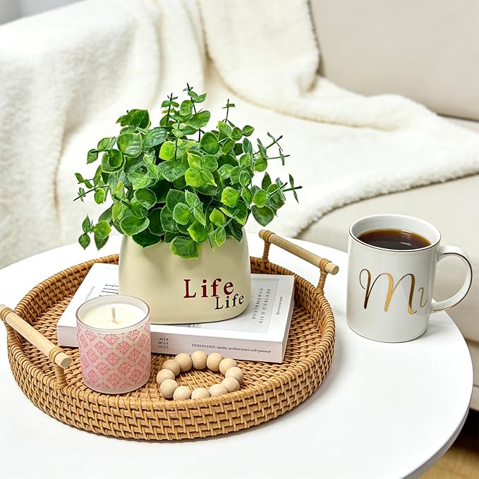 Small Fake Plant in Pot, 7" Artificial Plant Indoor, Fake Eucalyptus Stems with Ceramic Vase, Faux Greenery Eucalyptus Bathroom Decor for House Office Desk