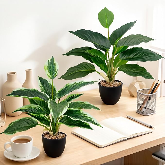 2 Pack Artificial Potted Plants, 16" Fake Plants Indoor in Black Pots for Home Bathroom, Office Desk, Shelf - Realistic Faux Greenery for Living Room, Kitchen, Farmhouse Decor