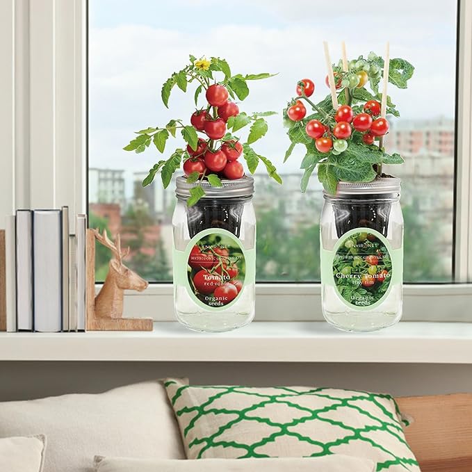 2-Pack Hydroponic Mason Jar Herb Garden Kit, Indoor Herb Garden Self-Watering Starter Kit, New Christmas Gift for Mom (Cherry Tomato,Red Robin Tmato)