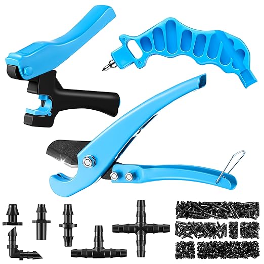 Feekoon Drip Irrigation Punch Hole Tubing Cutter Tools with Barbed Connectors, 2-in-1 Drip Tubing Hole Punch for 1/4 Inch Fitting 16 20 25 mm PE Pipe and Emitter(Blue,230 Irrigation Plugs)