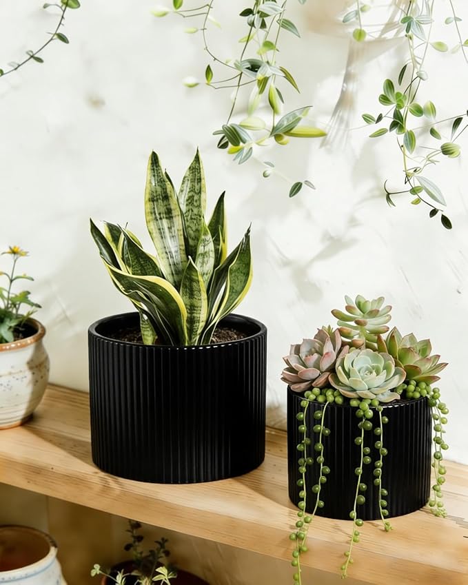 Matte Black Ceramic Plant Pots, 8.1 + 6 Inch Planters for Indoor Plants, Modern Flower Pots with Drainage, Two-Sizes Set