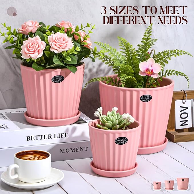 3 Pcs Ceramic Plant Pots 7.3/6/4.7 Inch Ceramic Flower Pot with Drainage Hole and Saucer Decorative Planter Indoor Outdoor for Gardening Home Desktop Office Windowsill Decoration Gift(Pink)