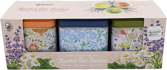 BUZZY Seeds Herbal Tea Garden Grow Kit – 3 Square Tin Planters with Lavender, Chamomile & Lemon Balm Seeds, Easy Indoor Herb Starter, Relaxing Gardening Gift Set