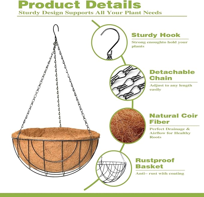 4 Pack 14 Inch Hanging Baskets for Plants Outdoor Metal Hanging Planter Hanging Flower Baskets with Coco Fiber Liners Chain Round Wire Plant Holder Hanging Flower Pots(Flower Border)