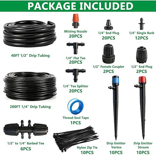 135PCS 240FT Drip Irrigation System Set, Automatic Drip Irrigation Kit for Greenhouse, Yard, Lawn, Plant, with 1/2 inch Hose, 1/4 inch Distribution Tubing and Accessories
