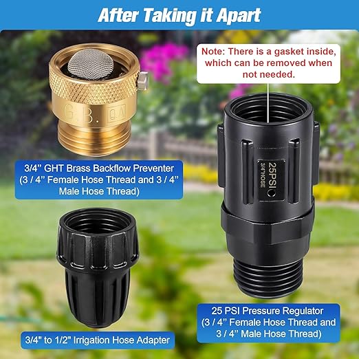 Feekoon 4 Set 25 Psi Drip Irrigation Faucet Adapter Kit 1/2'' Irrigation Tubing to 3/4'' Faucet Water Pressure Regulator Backflow Preventer with Filter, Drip System Parts
