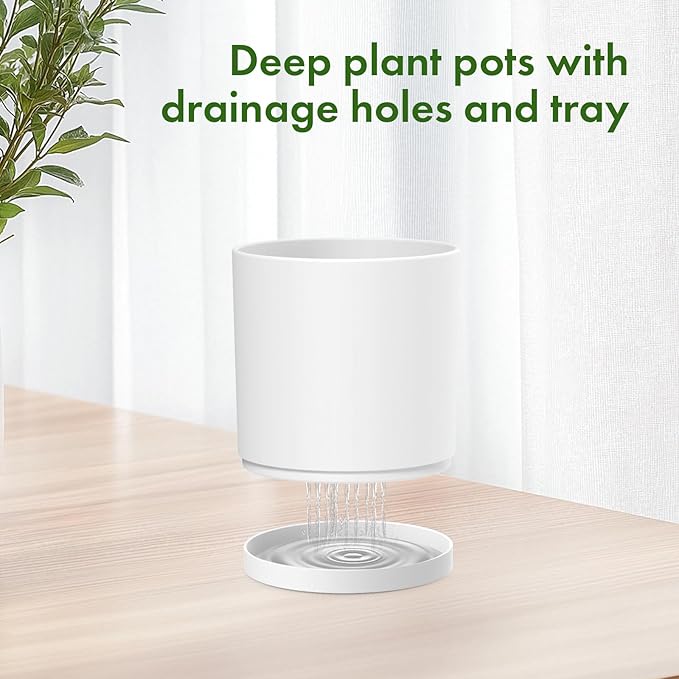 Meowell 8/7/6 inch Plant Pots, Set of 3 Cylinder Flower Pots for Outdoor Indoor Plants, Decorative Plastic Planters with Drainage Holes and Saucers for Garden House Plants, White