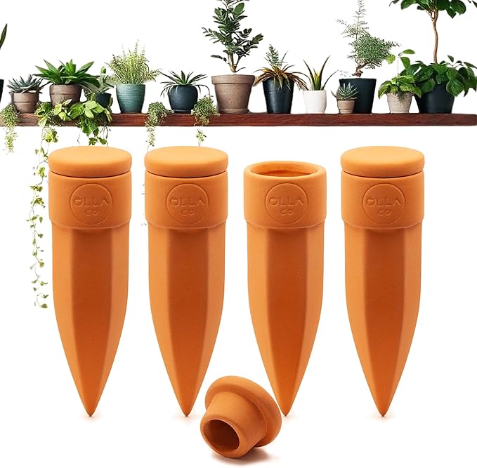 The Olla Company Plant Watering Spikes with Lids - Ideal for 4”-6” Pots - Vacation Friendly - Terracotta - Small - Set of 4