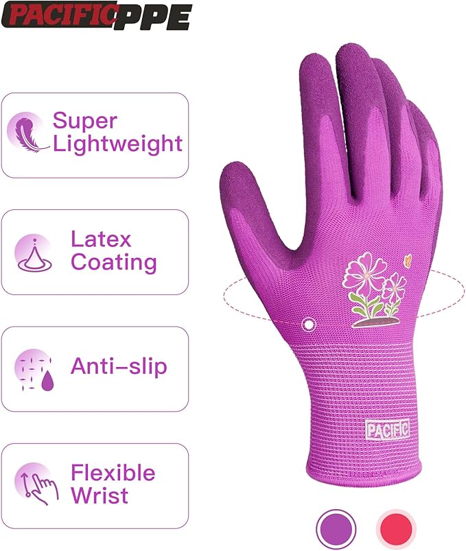 PACIFIC PPE 6 Pairs Gardening Gloves for women and Ladies, Rubber Coated Garden Gloves, Outdoor Protective Work Gloves, Small, Purple & Red
