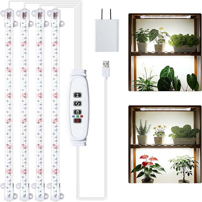 RWNTAO Grow Lights for Indoor Plants, 13" Grow Light Strips with Timer 3/9/12 H, 10 Dimmable Levels, 192 LEDs Full Spectrum Sunlight，Plant Growing Lamp for Indoor Greenhouse Seedlings, 4 Head