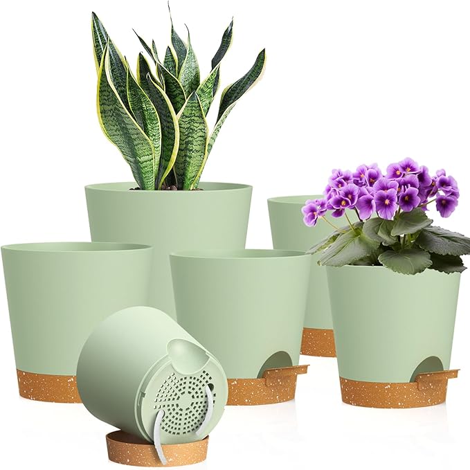WSMKSZ 7/6.5/6/5.5/5/4 inch Self Watering Pots for Indoor Outdoor Plants, 6 Pack Plastic Flower Planters with Drainage Holes and Removable Saucers, Plant Pots with Wicking Rope, Green Brown