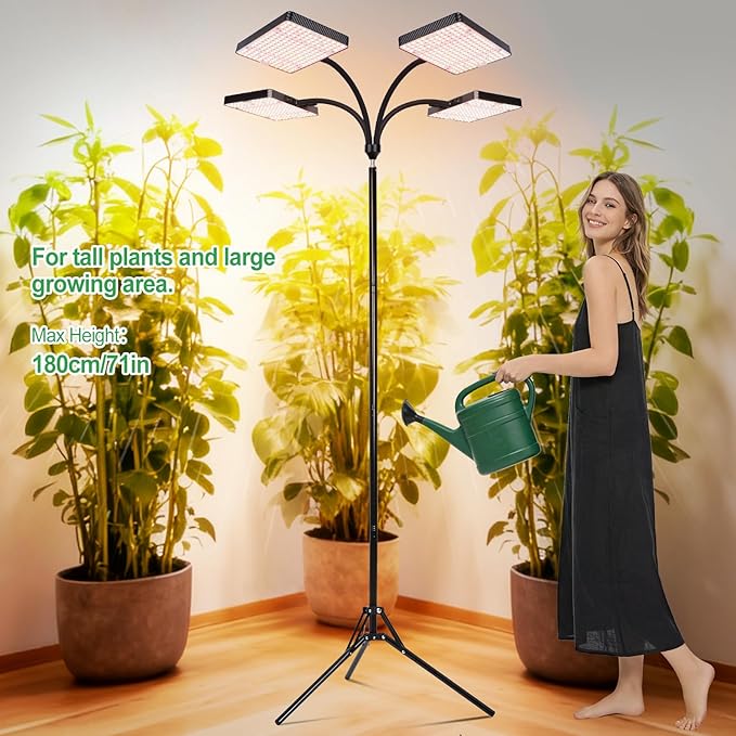 FRGROW 2026 4Head Full Spectrum Grow Light with Stand, 100 Watt Bright Grow Lights for Indoor Large Plants, Tall Bonsai Tree, Auto On/Off Daily Timer(4/8/12/16/20H), Adjustable Stand 24"-78"