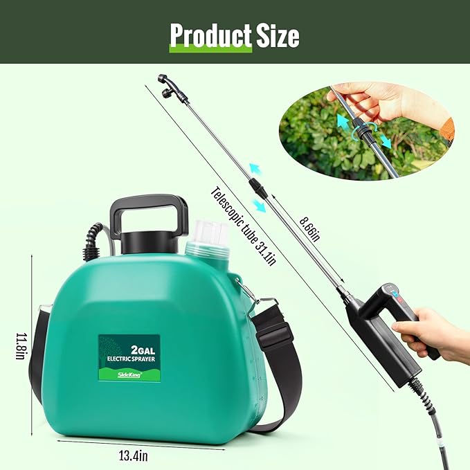 SideKing Battery Powered Sprayer 2 Gallon, Electric Weed Sprayer with 3 Adjustable Spray Pressures, Battery Indicator, Telescopic Wand and 4 Nozzles, for Garden, Lawn, Yard & Plants Care
