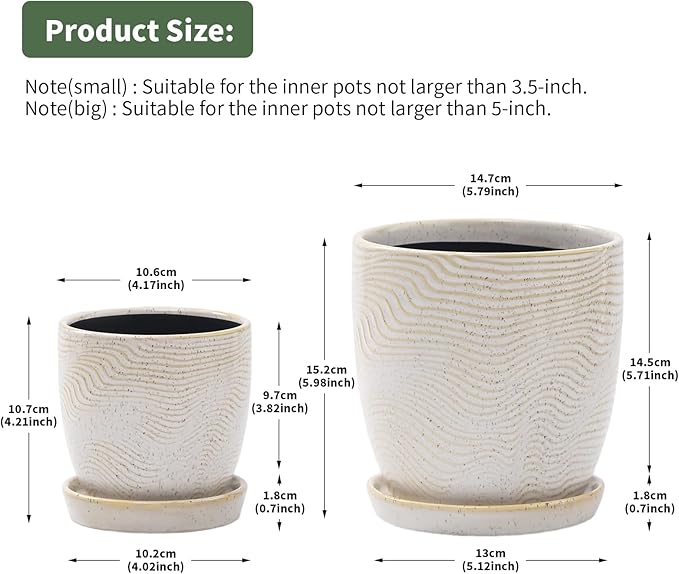 Set of 2 Ceramic Planters with Drainage Holes & Saucers - 4+5.75 Inch Retro Yellow & White Reactive Glaze Flower Pots - Unique Decorative Succulent Orchid Pots for Indoor Outdoor Home Decor