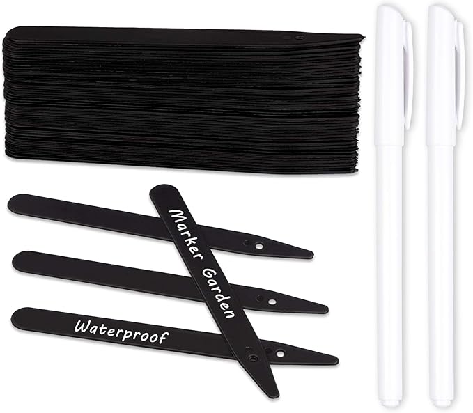 Whaline 200Pcs Thick Plastic Plant Labels Black Waterproof Garden Stake Sign Tags Garden Markers for Outdoor Seedlings Potted Flowers with 2 Marker Pen and A Roll of Twine (6 Inch)