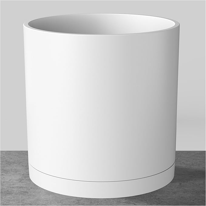 FaithLand 10-Inch Modern Cylinder Planter, Thick-Walled Plastic Plant Pot with Drainage Holes and Detachable Saucer, Matte White, Ideal for Indoor & Outdoor Plants Flowers
