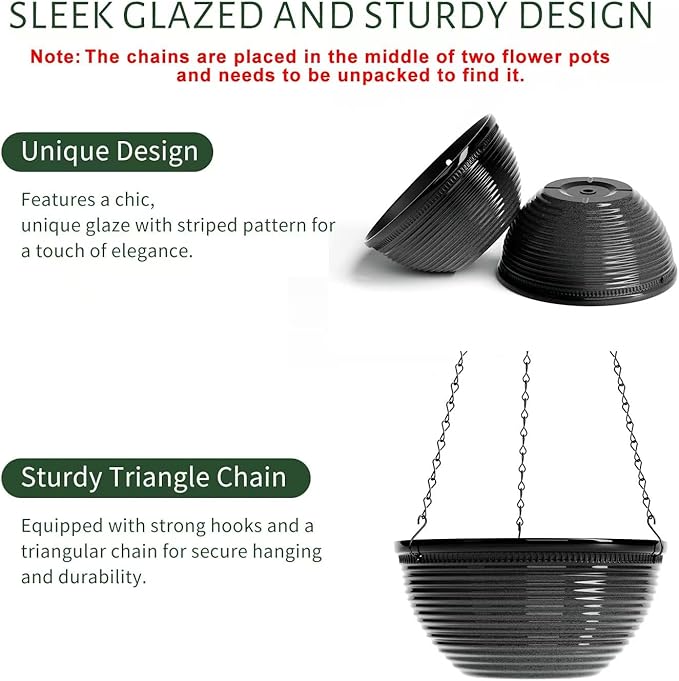 Vanslogreen 2 Pack Hanging Planters for Indoor Outdoor Plants, 10 Inch Hanging Planter with Drainage Hole & Plug Glazed Hanging Baskets Flower Pots for Garden Home (Black)