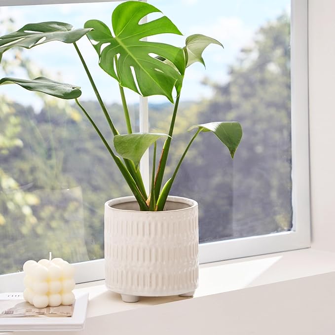 STHIE 5 Inch Ceramic Planters for Indoor Plants, White Cactus Snake Plant Pots with Drainage, Unique Design Round Flower Pot for Home Decoration