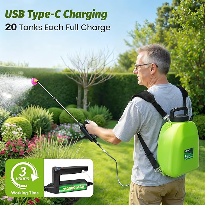 Battery Powered Backpack Sprayer 2.6Gallon, Electric Sprayer with 3-Adjustable Sprayings, Battery Indicator, 5 Nozzles, 41" Retractable Wand, Rechargeable Garden Sprayer for Weed, Lawn&Yard