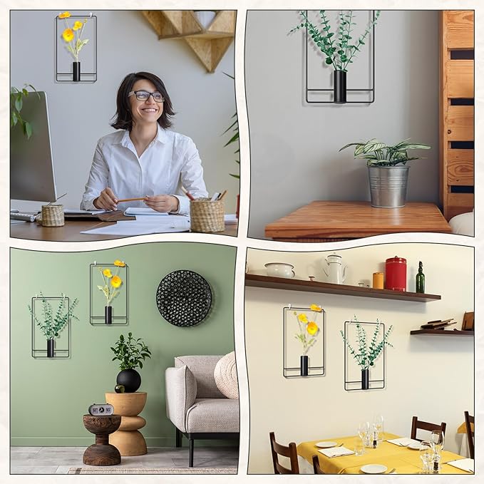 2 Pcs Wall Decor Hanging Planters Metal Hanging Vase Black Indoor Plants Holder with 6 Pcs Traceless Hook, Wall Decor for Indoor, Outdoor, Home, Office, and Garden