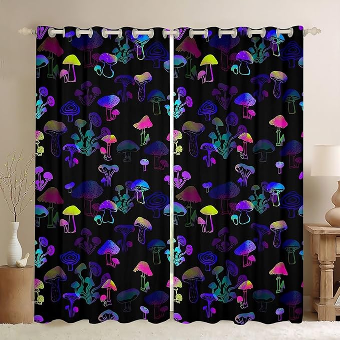 Watercolor Mushroom Curtains & Drapes,Magical Gradient Mushrooms Window Curtains,Botanical Plant Blackout Curtains 2 Panels 42" Wx90 L,Nature Theme Fungi Window Treatments Yellow Blue Purple