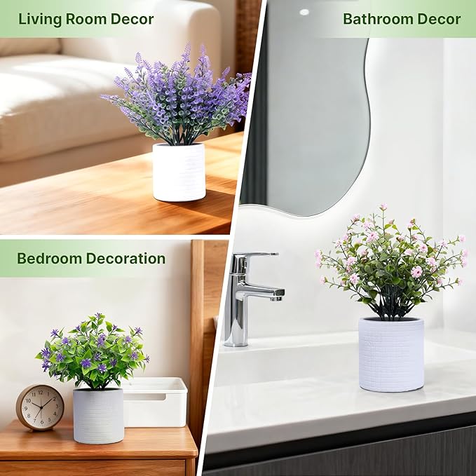 FGSAEOR Mini Potted Fake Plants, Small Artificial Greenery Plants Topiaries, Low Maintenance, Shelf Desk Room Table Office Home Decor (3-Pack) (White Pot - Purple Pink)