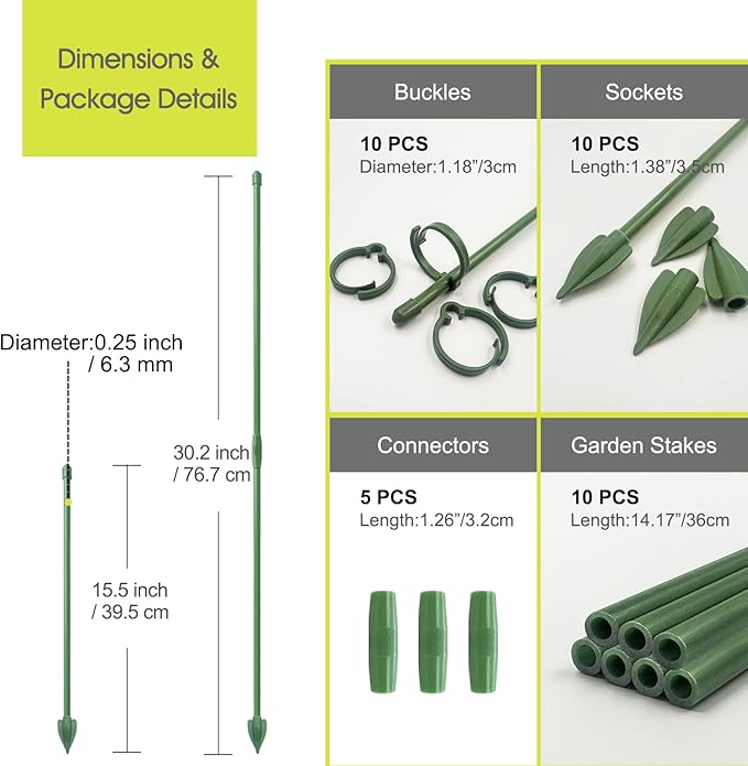 RIFNY Plant Stakes for Indoor Plants, 14 Inch Plant Support Stakes with Clips, Tall Adjustable Plant Sticks for Indoor Monstera Tomato Orchid Potted Plants Flower (10 PCS, Green)