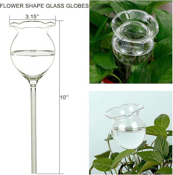 Adabocute Plant Waterer Self Watering Globes Self Watering Spikes, Hand Blown Clear Glass Plant Water Bulbs Devices for Indoor & Outdoor, Fill from Top, 2 Flower Shape