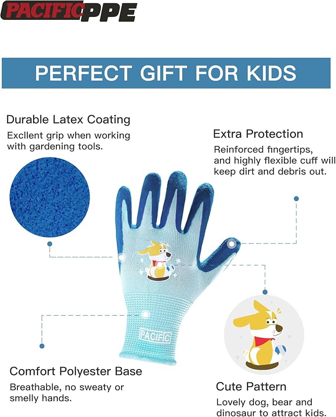 PACIFIC 3 Pairs Kids Gardening Gloves for Age 8-12, Toddler Rubber Coated Garden Gloves, Kids Work Gloves, for Children, Boys and Girls, Multicolor, XS