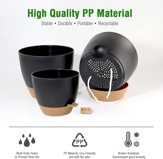 UOUZ 10/9/8 inch Self Watering Pots, Set of 3 Plastic Planters with Mesh Drainage Holes and Deep Reservoir for Indoor Outdoor Garden Plants and Flowers, Black with Brown