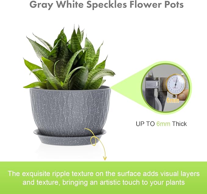 Meowell Large Flower Pots 12/10/9 inch, 3 Set Big Plant Pots for Outdoor Indoor Plants with Water Ripples, Wide Plastic Planters with Drainage Holes and Saucers for Garden House Plants, Speckled Grey