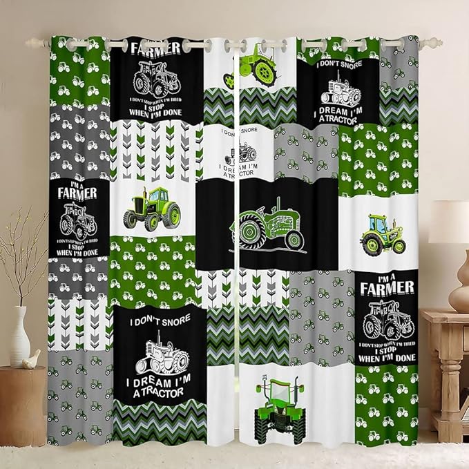 Feelyou Tractor Curtains Cartoon Farm Tractor Blackout Curtain for Kids Boys Girls Truck Car Window Drapes Harvester Excavator Window Treatments Green 52W X 84L，2 Panels