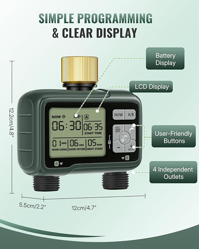2 Zone Brass Sprinkler Timer, Garden Hose Timer, Automatic Irrigation System, Programmable Faucet, 2 Outlets, with Rain Delay, Manual Mode,Child Lock, for Yard, Garden, Lawn, Green E12WT06