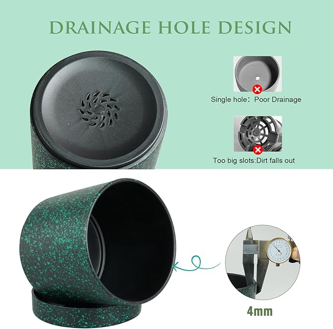 Meowell 6/5/4 inch Plant Pots, 3 Pack Cylinder Flower Pots for Small Indoor Outdoor Plants, Plastic Planters with Drainage Holes and Saucers for Garden Succulent Plants, Black with Green Speckles
