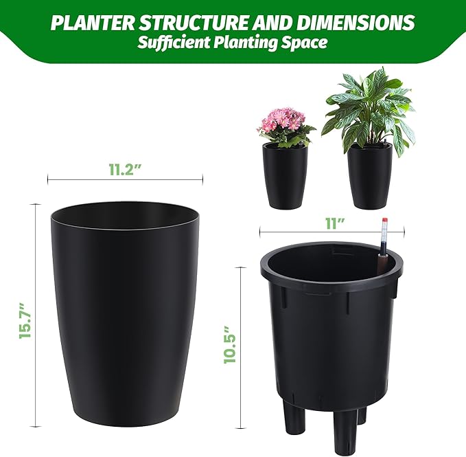 16" Tall Planter Set of 4, Self Watering Pots with Built-in Drainage and Water Level Gauge, Large Planter Pots for Garden, Patio, Balcony, Lounge, Black
