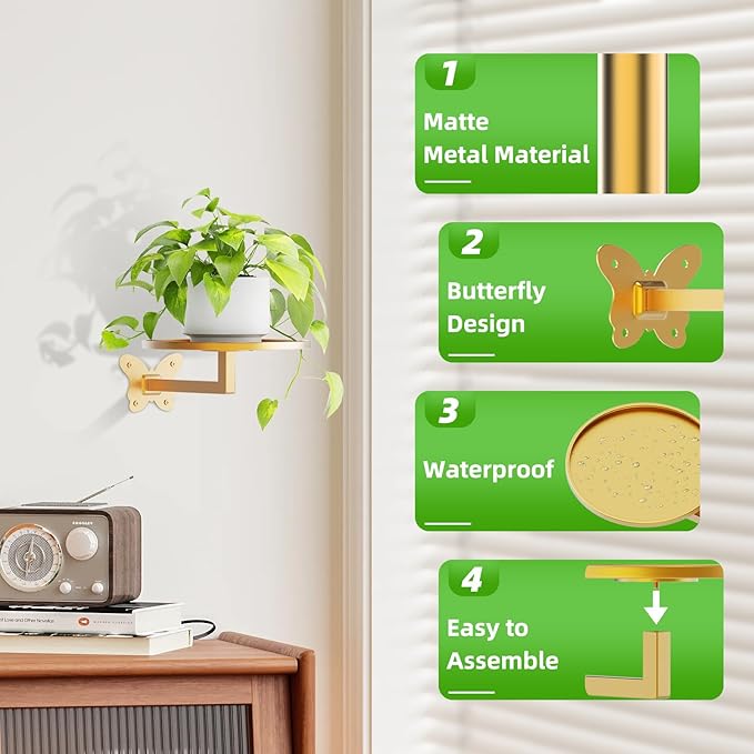 Wall Mounted Plant Holder Butterfly Metal Hanging Shelf for Indoor Plants Succulents Flowers Decor Sturdy Wall Mounted Storage for Bedroom Living Room Bathroom Space-Saving 2-Pack Gold
