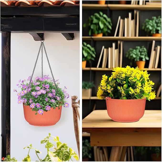 RooTrimmer Hanging Planters 9/10/11 Inch for Indoor Plants, 3 Pack Plant Hanger Outdoor with Drainage Holes, Self Watering Hanging Basket Flower Pot for Garden Home Decor, Light Coral