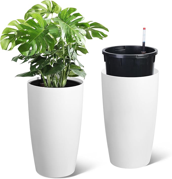 22" Tall Round Planter Set of 2, Self Watering Pots for Indoor Plants, Large Flower Pot Outdoor With Built-In Drainage and a Water Level Monitor, for Patio, Porch, Living Room, or Home Office, White