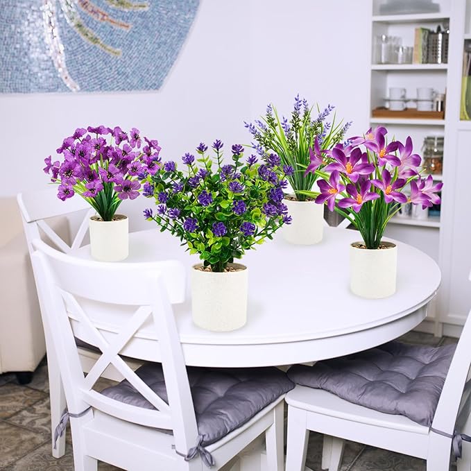 4 Pack Artificial Flowers in Pots, Mini Fake Potted Plants Small Faux Flowers for Indoor Decor, Purple Spring Tabletop Centerpieces for Bathroom Office Desk Shelf