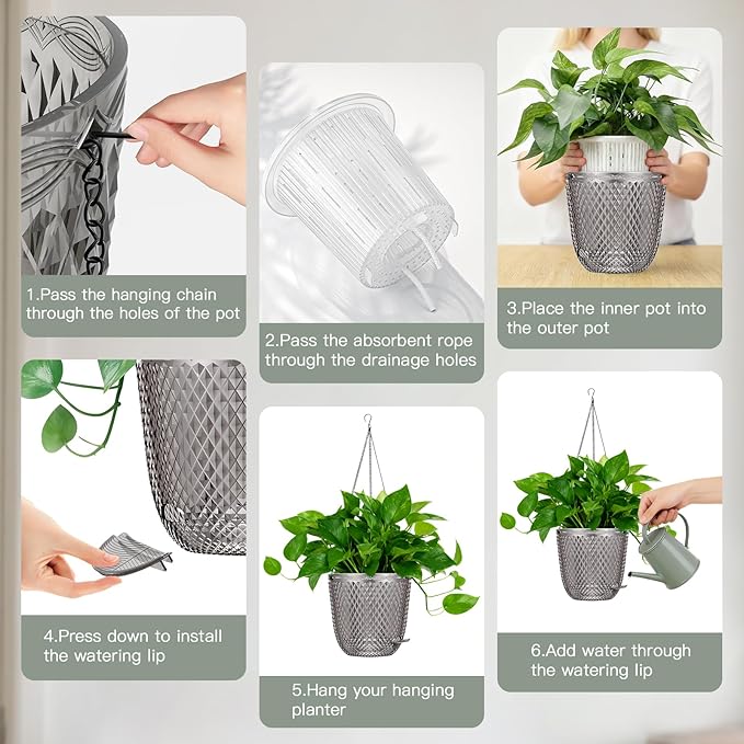 QCQHDU Self Watering Hanging Pots, 2 Pack 5.7 Inch Hanging Planters for Plants Indoor, Flower Pots with Drainage Holes and 3 Hooks Chains for Garden Home (Gray)