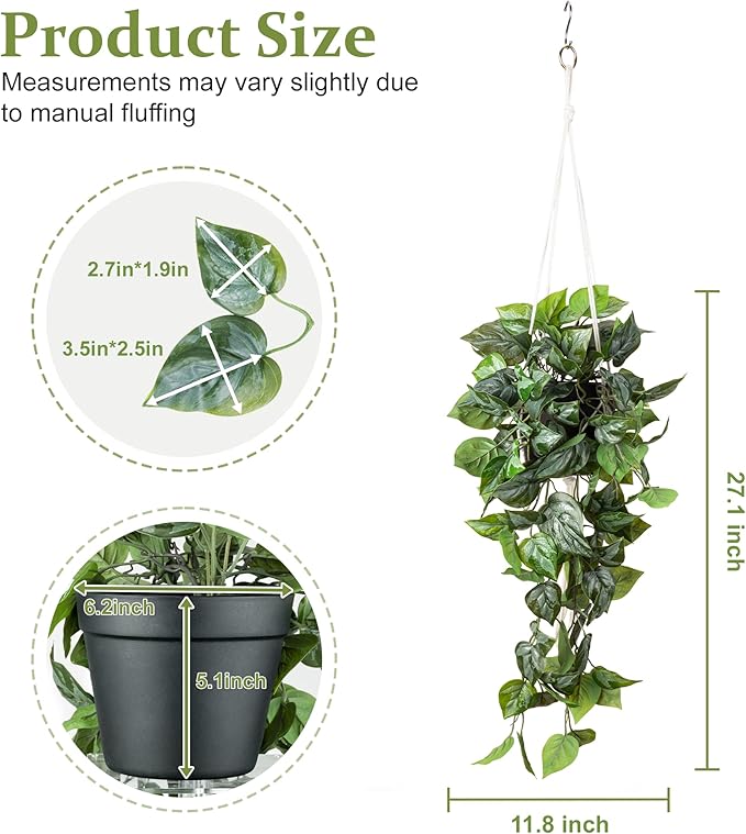 Artificial Pothos Hanging Plant, Fake Pothos with Woven Net, Realistic Faux Ivy Vine Fake Potted Plants for Shelves, Patio, Office, Living Room, Bathroom, Indoor Outdoor Decor(with Flowerpot)